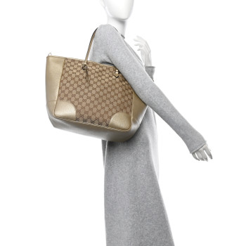 GUCCI Monogram Medium Bree Zippered Tote Beige Golden Beige