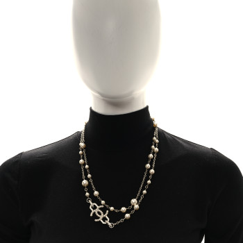 CHANEL Pearl Crystal CC Vendome Long Necklace   Golden Pearly White