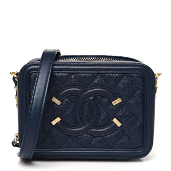 CHANEL Caviar Quilted CC Filigree Vanity Clutch With Chain Navy