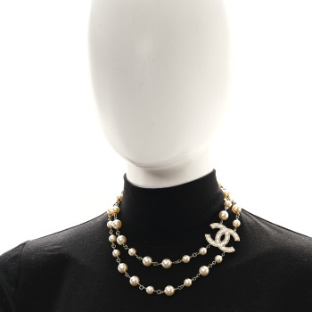 CHANEL Pearl Quilted CC Long Necklace Light Gold