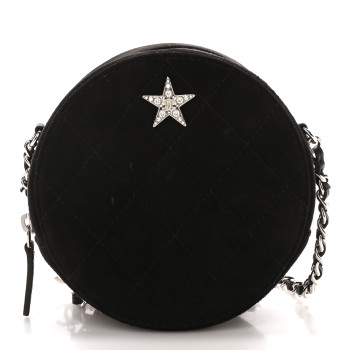 CHANEL Suede Quilted Crystal Round Clutch With Logo Chain Black