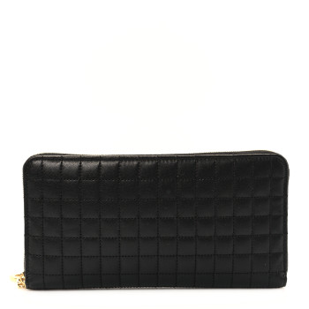 CELINE Lambskin Quilted Large C Charm Zip Around Wallet Black