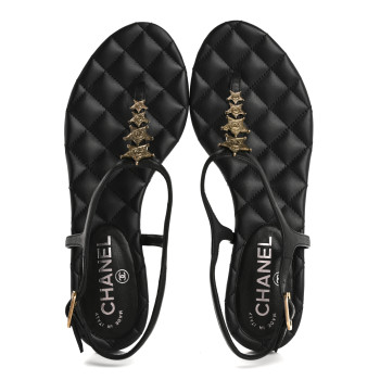 CHANEL Calfskin Paris Dallas Quilted Star CC Thong Sandals 37 Black