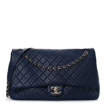 CHANEL Metallized Calfskin Quilted XXL Travel Flap Bag Navy
