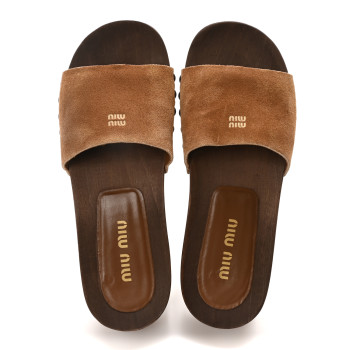 MIU MIU Suede Logo Slide Clogs 38 Cannella