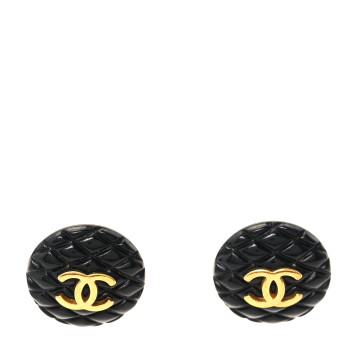 CHANEL Enamel Quilted CC Clip On Earrings Black Gold