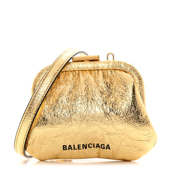 BALENCIAGA Metallic Textured Calfskin Logo Cloud Coin Purse With Strap Gold