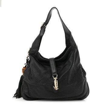 GUCCI Pebbled Calfskin Medium New Jackie Shoulder Bag Black