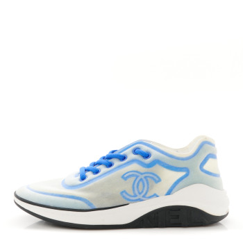 CHANEL Calfskin Mesh Lycra Womens Logo Sneakers 39.5 White Blue