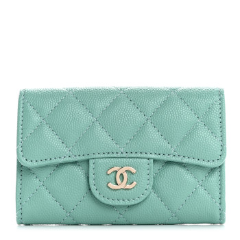 CHANEL Caviar Quilted Flap Card Holder Wallet Light Green