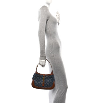 GUCCI New Denim GG Monogram Calfskin Small Jackie 1961 Hobo Blue Tea Cuir