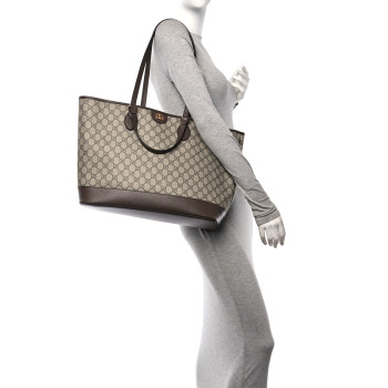 GUCCI GG Supreme Monogram Textured Calfskin Large Ophidia Shoulder Tote Bag Beige Ebony New Acero