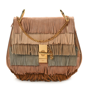 CHLOE Suede Fringe Drew Shoulder Bag Brown Beige