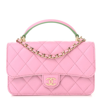 CHANEL Lambskin Quilted Flap Phone Holder With Chain Lilac Light Green