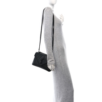 SAINT LAURENT Sheepskin Matelasse Chevron Monogram Monochrome Medium College Bag Black