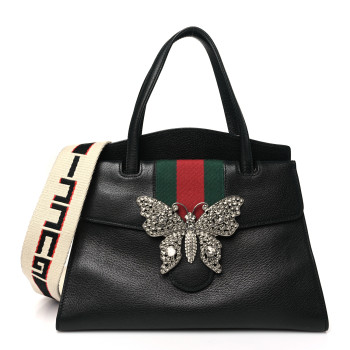 GUCCI Grained Calfskin Web Crystal Butterfly Stripe Medium Totem Top Handle Bag Black