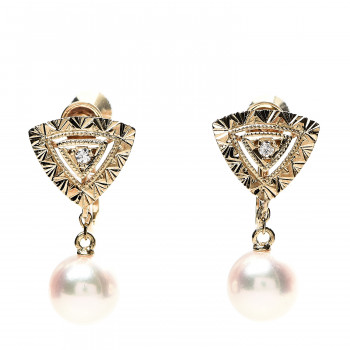 MIKIMOTO 18K Yellow Gold Diamond 6.5-7mm Akoya Pearl Triangle Drop Screw Back Earrings