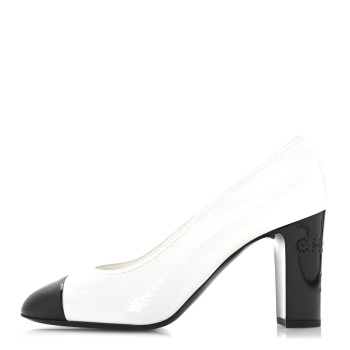 CHANEL Patent Calfskin Crystal Cap Toe Logo Pumps 40 White Black