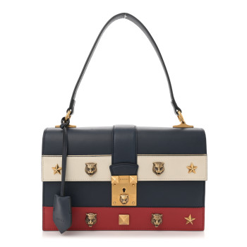 GUCCI Calfskin Medium Cat Lock Top Handle Bag Navy Red White