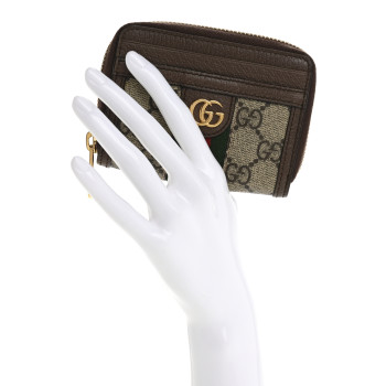 GUCCI GG Supreme Monogram Textured Dollar Calfskin Web Ophidia Zip Around Card Case Wallet Beige Ebony New Acero