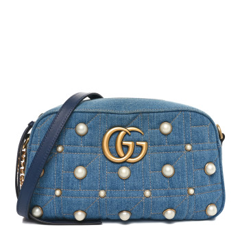 GUCCI Denim Matelasse Pearl Studded Small GG Marmont Chain Shoulder Bag Blue