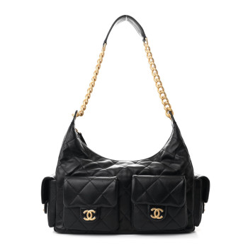 CHANEL Shiny Lambskin Quilted Trendy Pockets Hobo Black