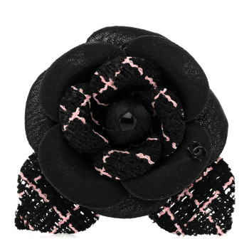 CHANEL Tweed Camellia Pin Brooch Black Pink