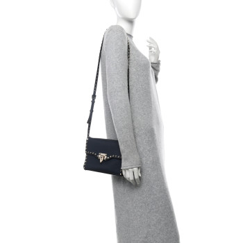 VALENTINO GARAVANI Pebbled Calfskin Medium Rockstud Flip Lock Crossbody Bag Navy