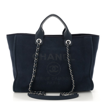 CHANEL Mixed Fibers Calfskin Medium Deauville Tote Dark Blue