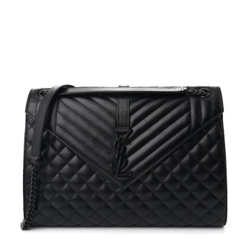 SAINT LAURENT Grain De Poudre Textured Mixed Matelasse Large Triquilt Monogram Monochrome Satchel Black