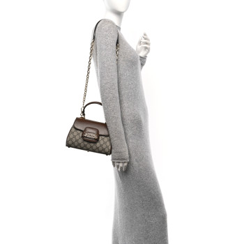 GUCCI GG Supreme Monogram Azalea Calfskin Mini Horsebit 1955 Top Handle Flap Bag Beige Ebony Brown Sugar