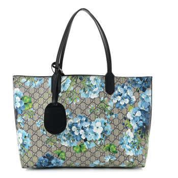 GUCCI GG Supreme Monogram Blooms Medium Reversible Tote Beige Blue Navy