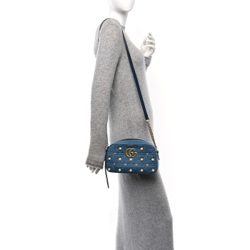 GUCCI Denim Matelasse Pearl Studded Small GG Marmont Chain Shoulder Bag Blue