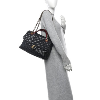 CHANEL Glazed Calfskin Castle Rock Large Flap Black Burgundy