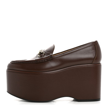 GUCCI Ancora Calfskin Womens Horsebit Platform Loafers 37.5 Brown