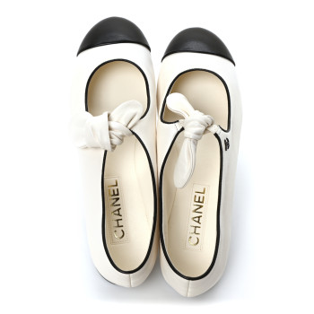CHANEL Lambskin Bow Mary Jane Flats 39.5 White Black