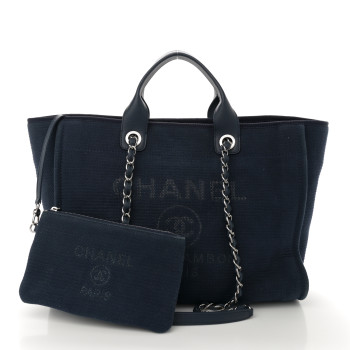 CHANEL Mixed Fibers Calfskin Medium Deauville Tote Dark Blue