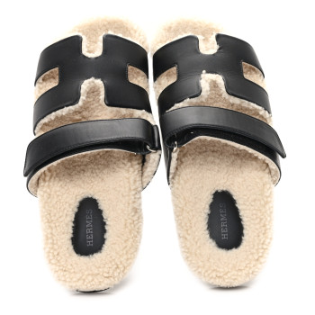 HERMES Calfskin Woolskin Chypre Sandals 40.5 Black Ecru