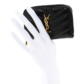 SAINT LAURENT Lambskin Matelasse Chevron Monogram Cassandre Compact Zip Around Card Wallet Black