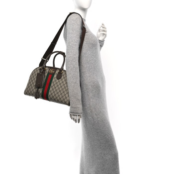 GUCCI GG Supreme Monogram Textured Dollar Calfskin Web Medium Savoy Bowling Bag Beige Ebony New Acero