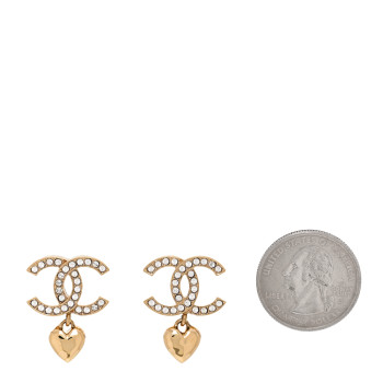 CHANEL Metal Crystal CC Heart Drop Earrings Gold
