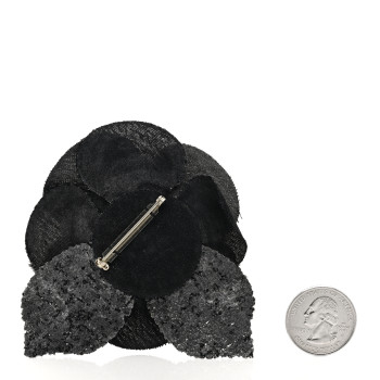 CHANEL Tweed Fabric Camellia Pin Brooch Black