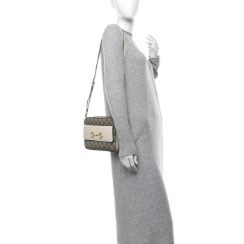 GUCCI GG Supreme Monogram Small Horsebit 1955 Shoulder Bag Beige Mystic White