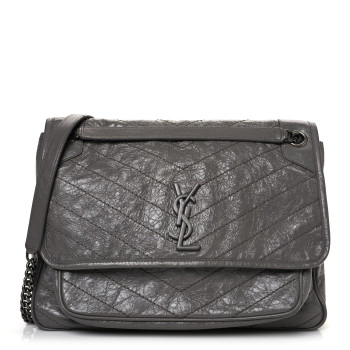SAINT LAURENT Crinkled Calfskin Matelasse Monogram Large Niki Chain Satchel Fog