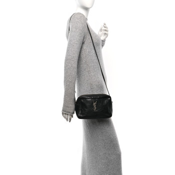 SAINT LAURENT Cracked Shiny Calfskin Monogram Lou Camera Bag Black