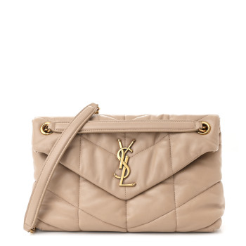 SAINT LAURENT Lambskin Quilted Small Loulou Puffer Monogram Chain Satchel Dark Beige