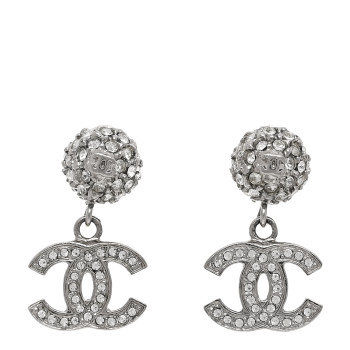 CHANEL Crystal CC Drop Earrings White Silver