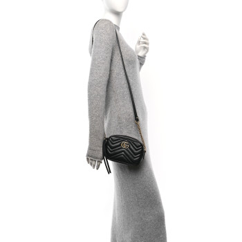GUCCI Calfskin Matelasse Mini GG Marmont Chain Shoulder Bag Black