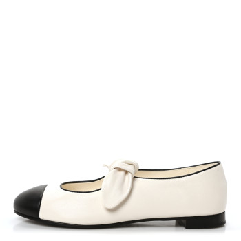 CHANEL Lambskin Bow Mary Jane Flats 39.5 White Black