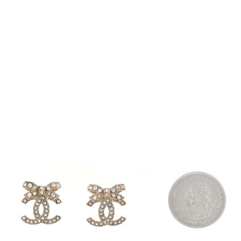 CHANEL Crystal CC Bow Dangle Earrings Gold